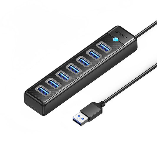 USB hub Orico PW7U-U3, 7 x USB-A 3.0 - 1 x USB-C, črn
