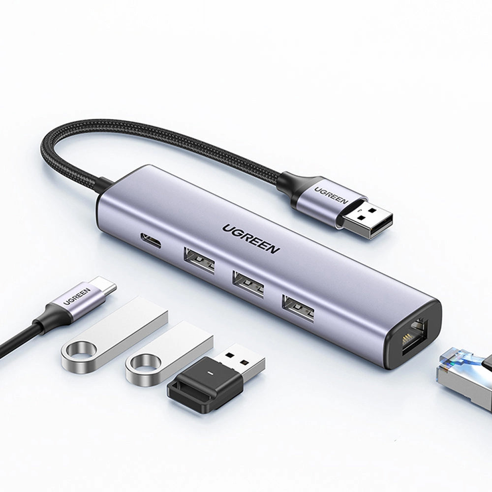 Hub USB UGREEN CM475, 3 x USB-A 3.0 - 1 x USB-C - 1 x RJ45, Siv