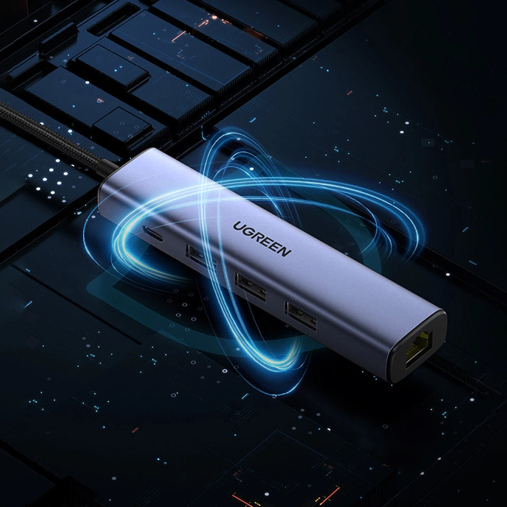 Hub USB UGREEN CM475, 3 x USB-A 3.0 - 1 x USB-C - 1 x RJ45, Siv