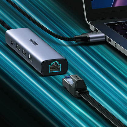 Hub USB UGREEN CM475, 3 x USB-A 3.0 - 1 x USB-C - 1 x RJ45, Siv