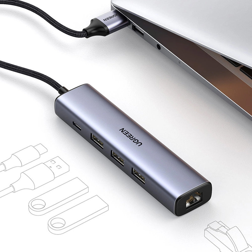 Hub USB UGREEN CM475, 3 x USB-A 3.0 - 1 x USB-C - 1 x RJ45, Siv