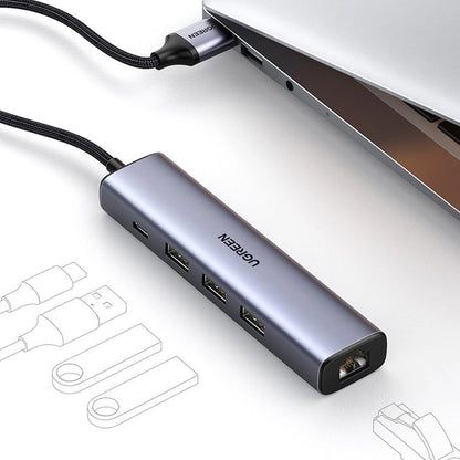 Hub USB UGREEN CM475, 3 x USB-A 3.0 - 1 x USB-C - 1 x RJ45, Siv