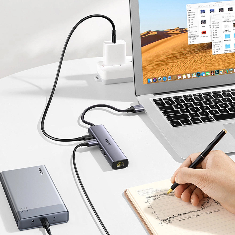 Hub USB UGREEN CM475, 3 x USB-A 3.0 - 1 x USB-C - 1 x RJ45, Siv