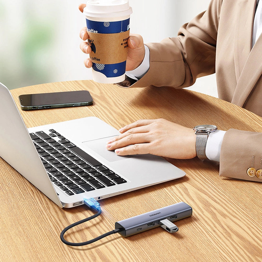 Hub USB UGREEN CM475, 3 x USB-A 3.0 - 1 x USB-C - 1 x RJ45, Siv