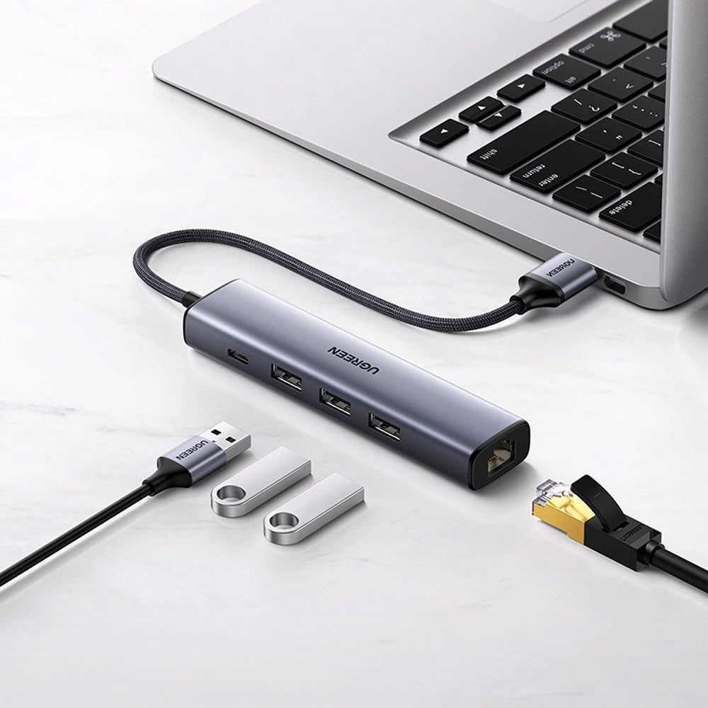 Hub USB UGREEN CM475, 3 x USB-A 3.0 - 1 x USB-C - 1 x RJ45, Siv