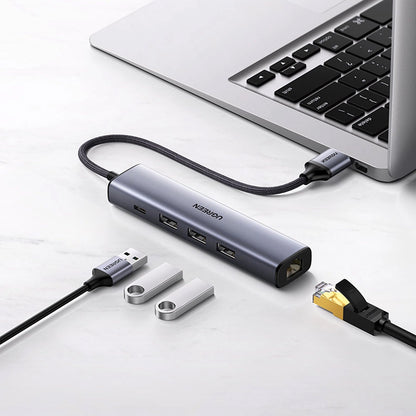 Hub USB UGREEN CM475, 3 x USB-A 3.0 - 1 x USB-C - 1 x RJ45, Siv