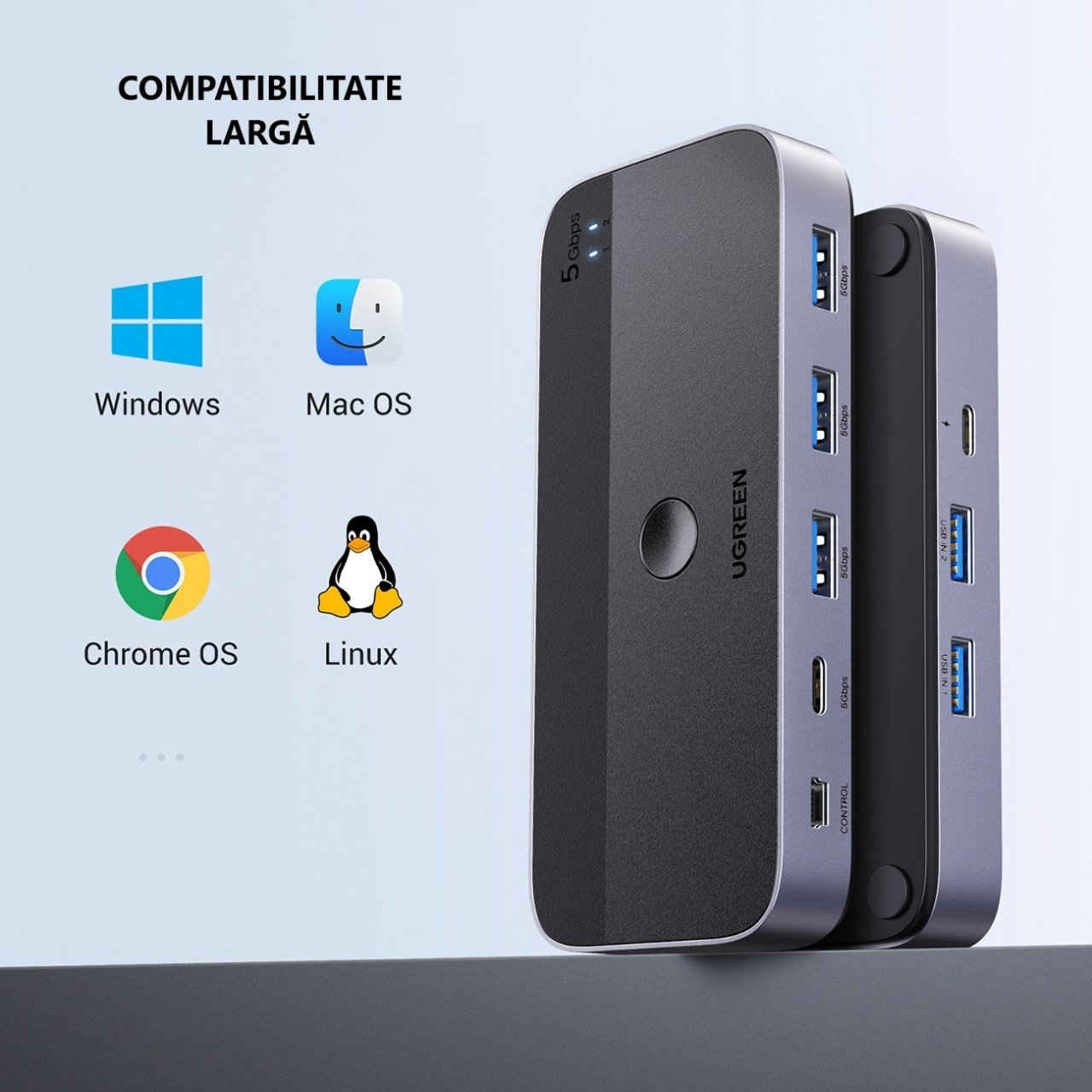 Hub USB UGREEN CM662, 3 x USB-A 3.0 - 1 x USB-C - 1 x miniUSB, Črn
