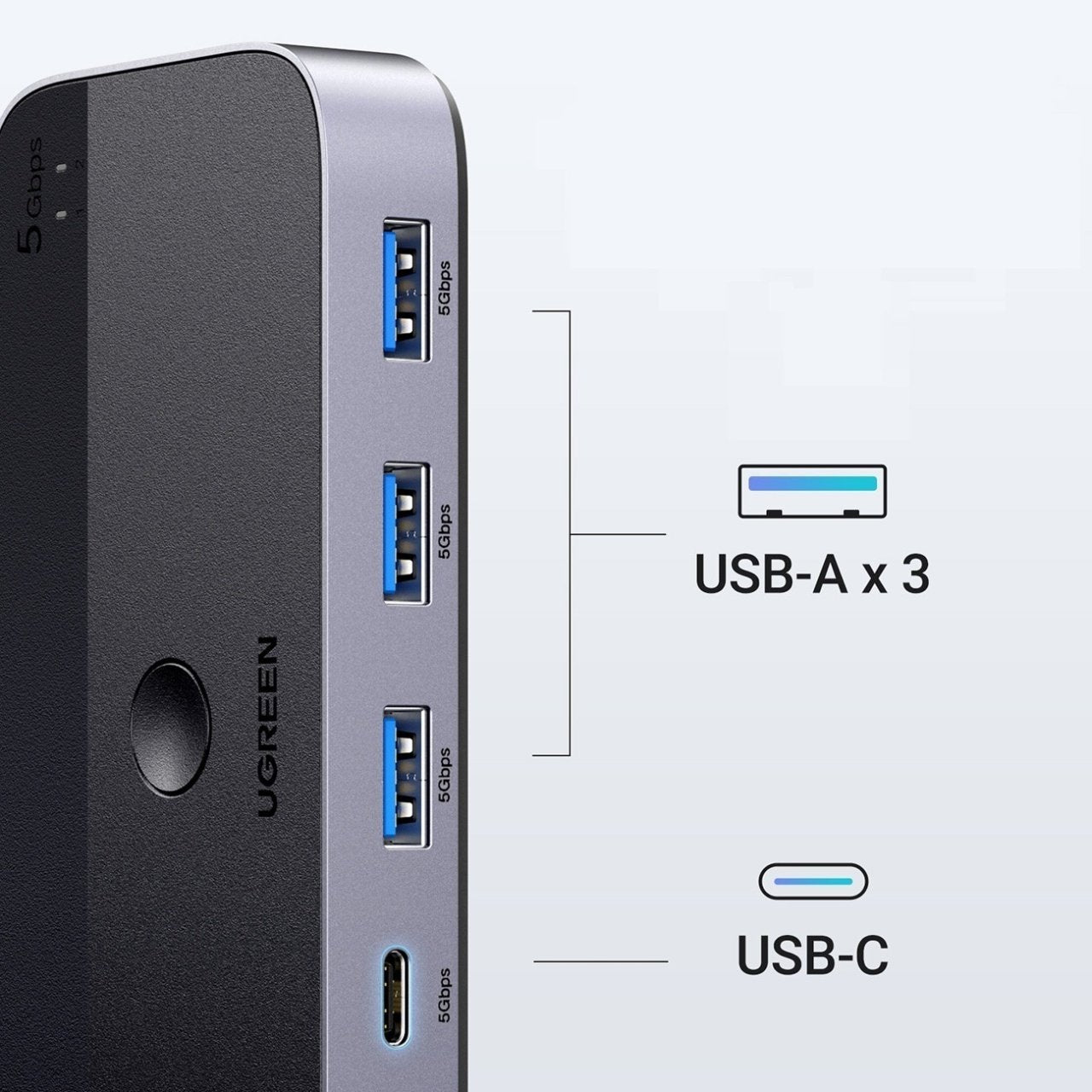 Hub USB UGREEN CM662, 3 x USB-A 3.0 - 1 x USB-C - 1 x miniUSB, Črn