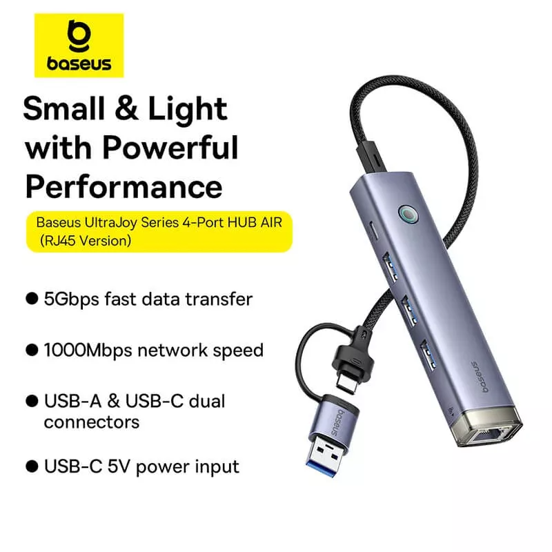 Hub USB / USB-C Baseus UltraJoy, 3 x USB-A 3.0 - 1 x USB-C - 1 x RJ45, Siv B0005280B811-14