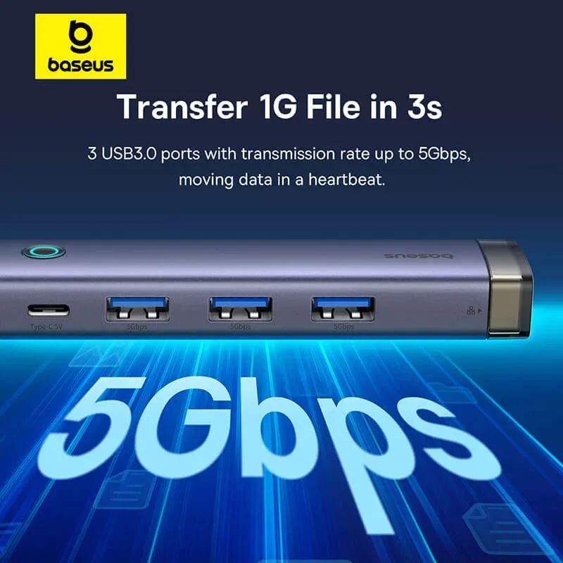 Hub USB / USB-C Baseus UltraJoy, 3 x USB-A 3.0 - 1 x USB-C - 1 x RJ45, Siv B0005280B811-14