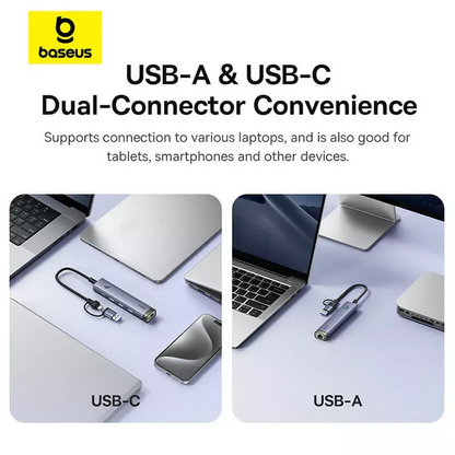 Hub USB / USB-C Baseus UltraJoy, 3 x USB-A 3.0 - 1 x USB-C - 1 x RJ45, Siv B0005280B811-14