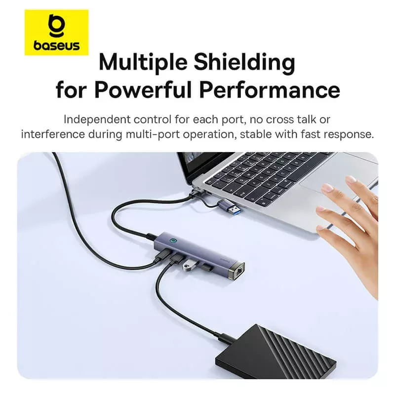 Hub USB / USB-C Baseus UltraJoy, 3 x USB-A 3.0 - 1 x USB-C - 1 x RJ45, Siv B0005280B811-14