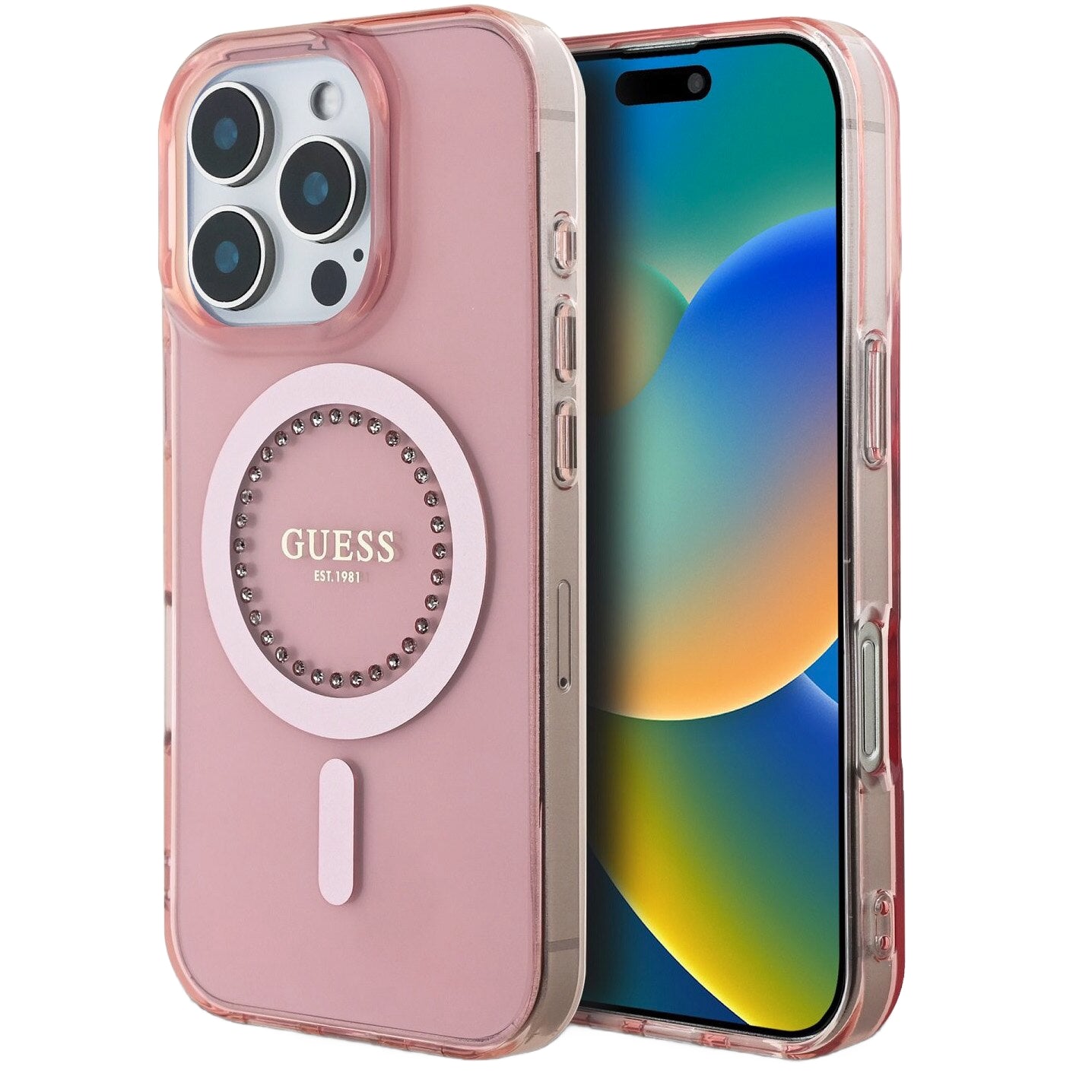 Ovitek MagSafe za Apple iPhone 16 Pro Max, Guess, IML Rhinestones Ring, Roza GUHMP16XPFTDTEP