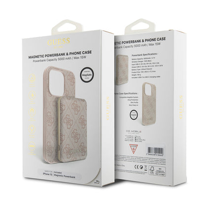 Ovitek MagSafe za Apple iPhone 15, Guess, Powerbank 4G Metal Logo, Roza