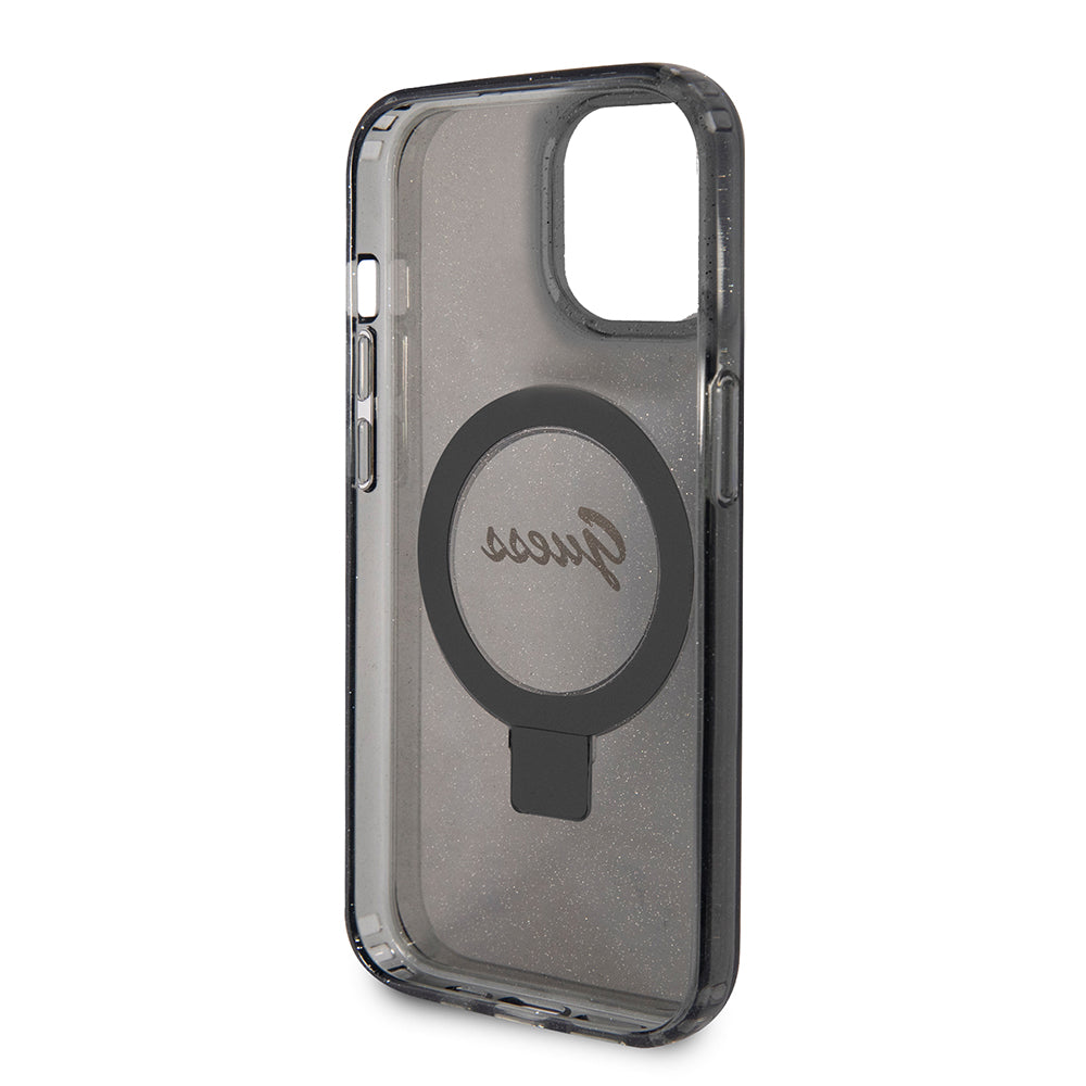 Ovitek MagSafe za Apple iPhone 15, Guess, Ring Stand Script Glitter, Črna