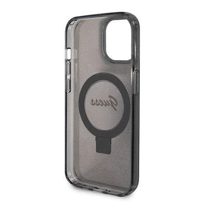 Ovitek MagSafe za Apple iPhone 15, Guess, Ring Stand Script Glitter, Črna