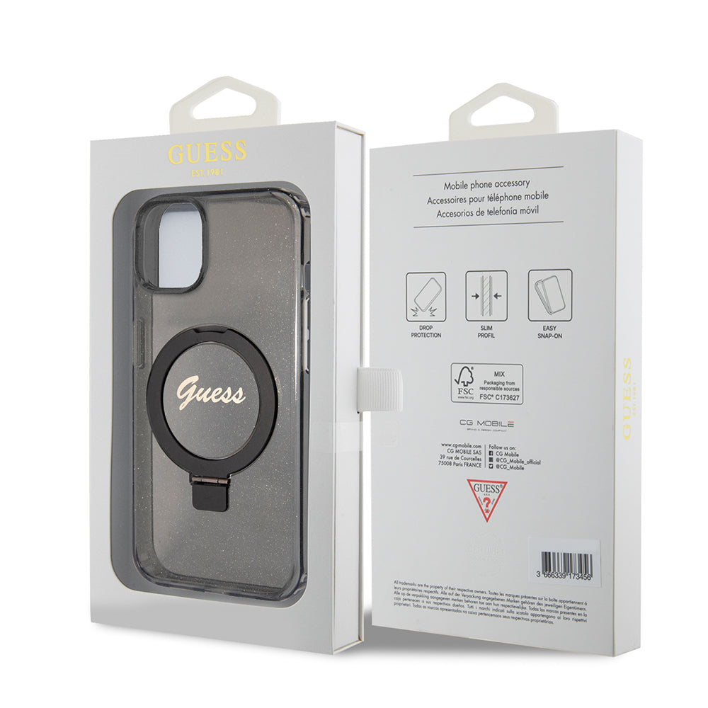 Ovitek MagSafe za Apple iPhone 15, Guess, Ring Stand Script Glitter, Črna