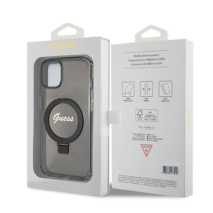 Ovitek MagSafe za Apple iPhone 15, Guess, Ring Stand Script Glitter, Črna