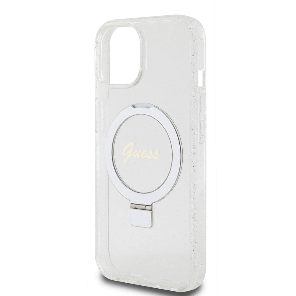 Ovitek MagSafe za Apple iPhone 15, Guess, Ring Stand Script Glitter, Prozoren
