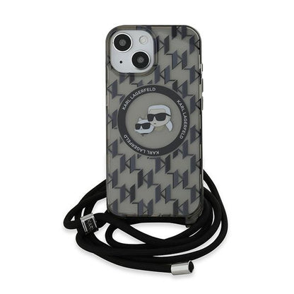 Ovitek MagSafe za Apple iPhone 15, Karl Lagerfeld, IML Crossbody Monogram Karl & Choupette's Heads, Črna