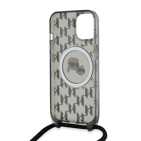Ovitek MagSafe za Apple iPhone 15, Karl Lagerfeld, IML Crossbody Monogram Karl & Choupette's Heads, Črna