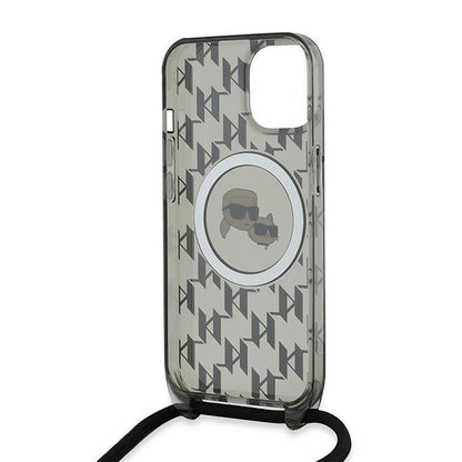 Ovitek MagSafe za Apple iPhone 15, Karl Lagerfeld, IML Crossbody Monogram Karl & Choupette's Heads, Črna