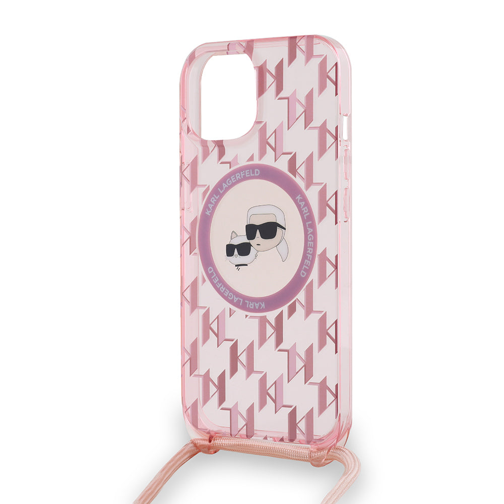 Ovitek MagSafe za Apple iPhone 15, Karl Lagerfeld, IML Crossbody Monogram Karl & Choupette's Heads, Roza