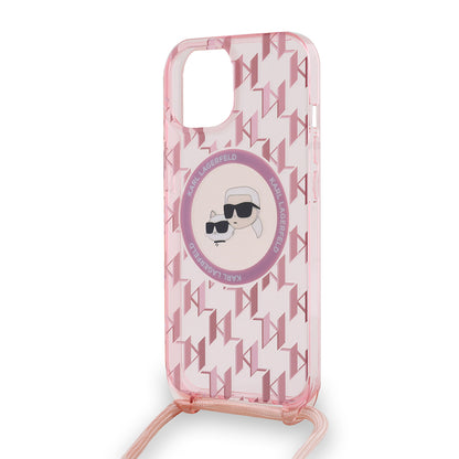 Ovitek MagSafe za Apple iPhone 15, Karl Lagerfeld, IML Crossbody Monogram Karl & Choupette's Heads, Roza