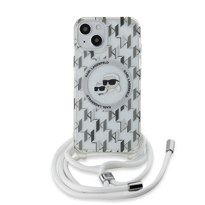 Ovitek MagSafe za Apple iPhone 15, Karl Lagerfeld, IML Crossbody Monogram Karl & Choupette's Heads, Prozoren
