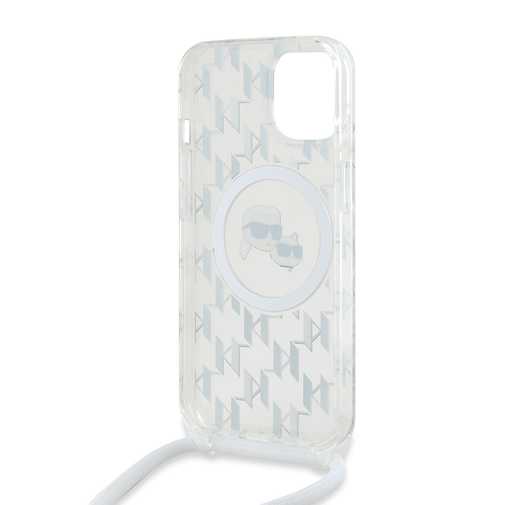 Ovitek MagSafe za Apple iPhone 15, Karl Lagerfeld, IML Crossbody Monogram Karl & Choupette's Heads, Prozoren
