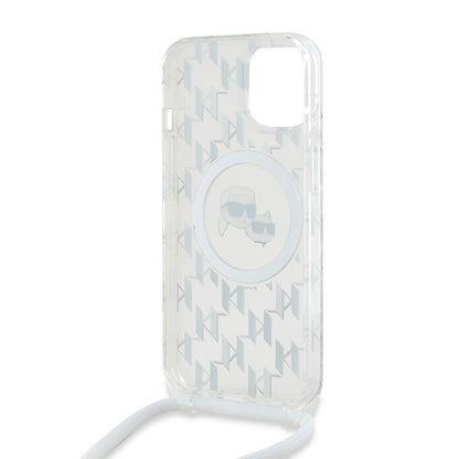Ovitek MagSafe za Apple iPhone 15, Karl Lagerfeld, IML Crossbody Monogram Karl & Choupette's Heads, Prozoren