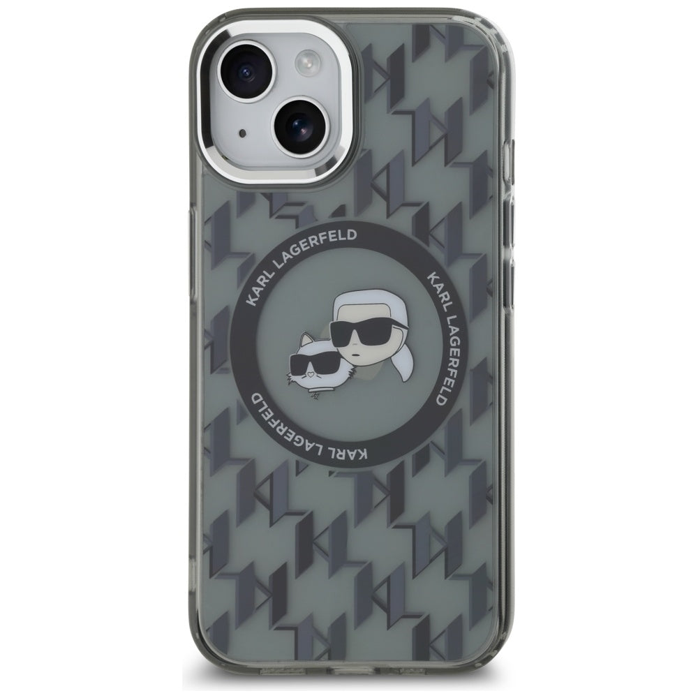 Ovitek MagSafe za Apple iPhone 15, Karl Lagerfeld, IML Monogram Karl & Choupette's Heads, Črn
