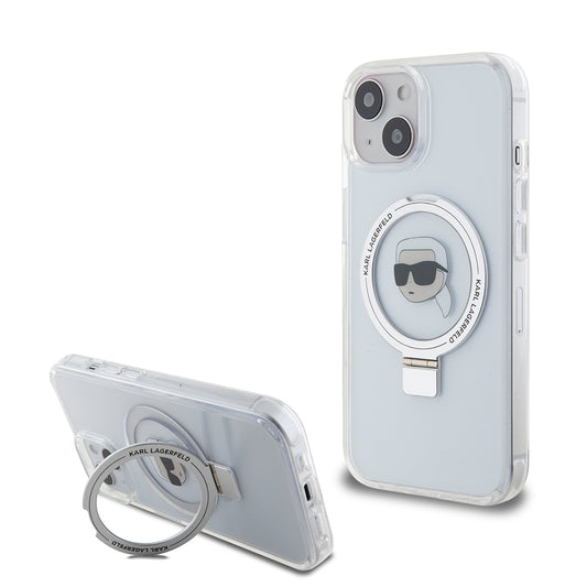 Ovitek MagSafe za Apple iPhone 15, Karl Lagerfeld, Ring Stand Karl's Head, Bela