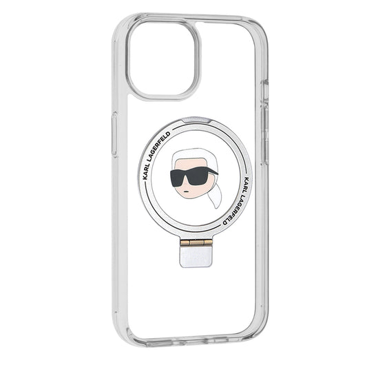 Ovitek MagSafe za Apple iPhone 15, Karl Lagerfeld, Ring Stand Karl's Head, Bela