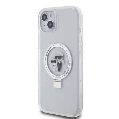 MagSafe Case for Apple iPhone 15 Plus, Karl Lagerfeld, Ringstand Karl and Choupette, White