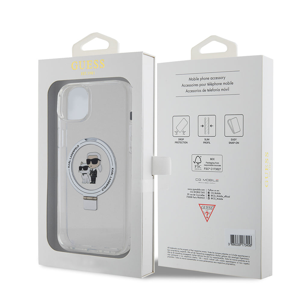 MagSafe Case for Apple iPhone 15 Plus, Karl Lagerfeld, Ringstand Karl and Choupette, White