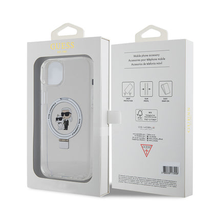 MagSafe Case for Apple iPhone 15 Plus, Karl Lagerfeld, Ringstand Karl and Choupette, White
