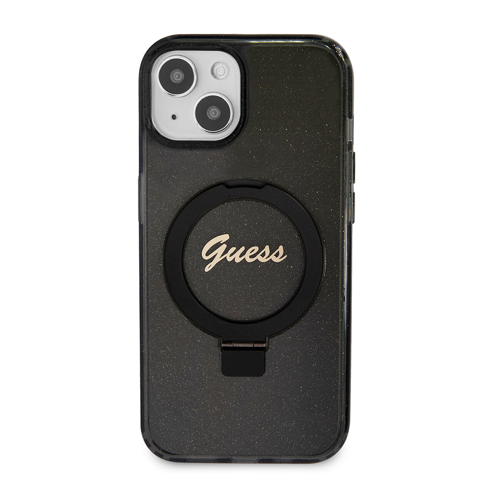 Ovitek MagSafe za Apple iPhone 15 Plus, Guess, Ring Stand Script Glitter, Črn