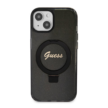Ovitek MagSafe za Apple iPhone 15 Plus, Guess, Ring Stand Script Glitter, Črn