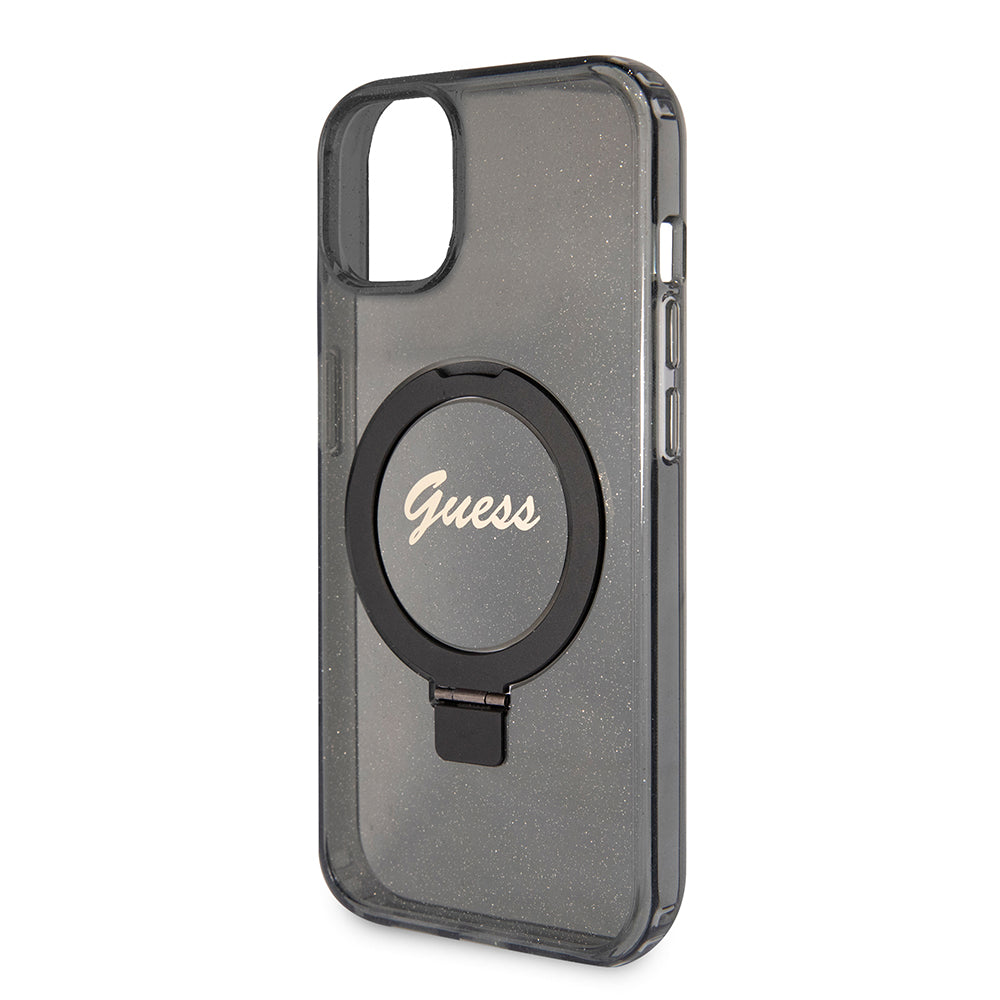Ovitek MagSafe za Apple iPhone 15 Plus, Guess, Ring Stand Script Glitter, Črn