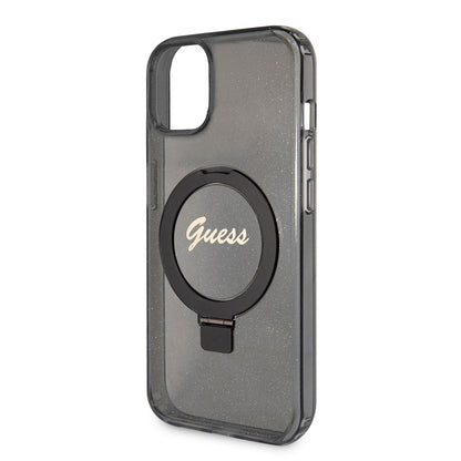 Ovitek MagSafe za Apple iPhone 15 Plus, Guess, Ring Stand Script Glitter, Črn