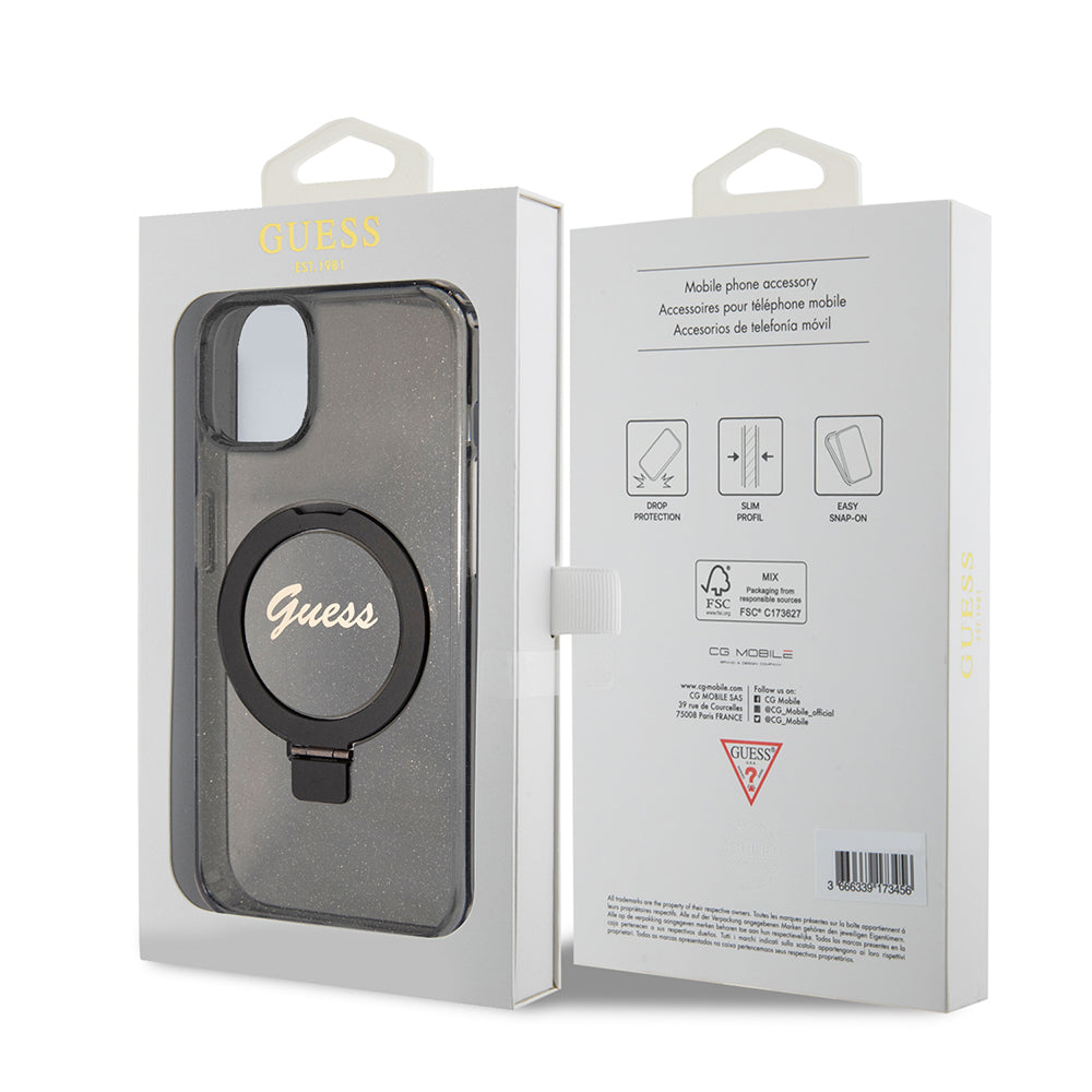 Ovitek MagSafe za Apple iPhone 15 Plus, Guess, Ring Stand Script Glitter, Črn