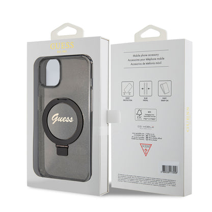 Ovitek MagSafe za Apple iPhone 15 Plus, Guess, Ring Stand Script Glitter, Črn