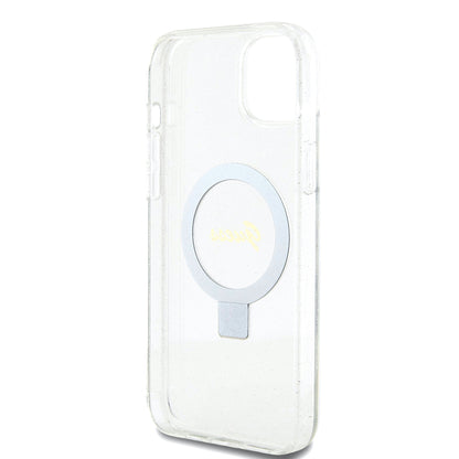 Ovitek MagSafe za Apple iPhone 15 Plus, Guess, Ring Stand Script Glitter, Prozoren