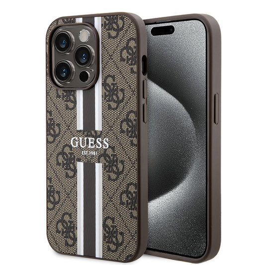 Ovitek MagSafe za Apple iPhone 15 Pro, Guess, 4G Printed Stripes, rjava