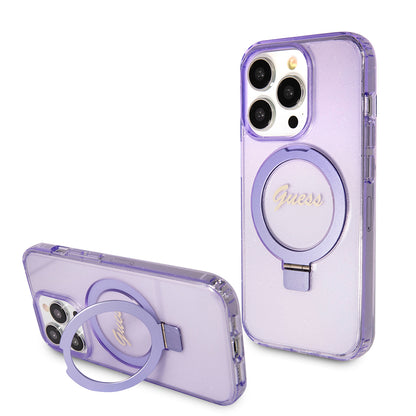Ovitek MagSafe za Apple iPhone 15 Pro, Guess, IML Ring Stand Glitter, Vijolična