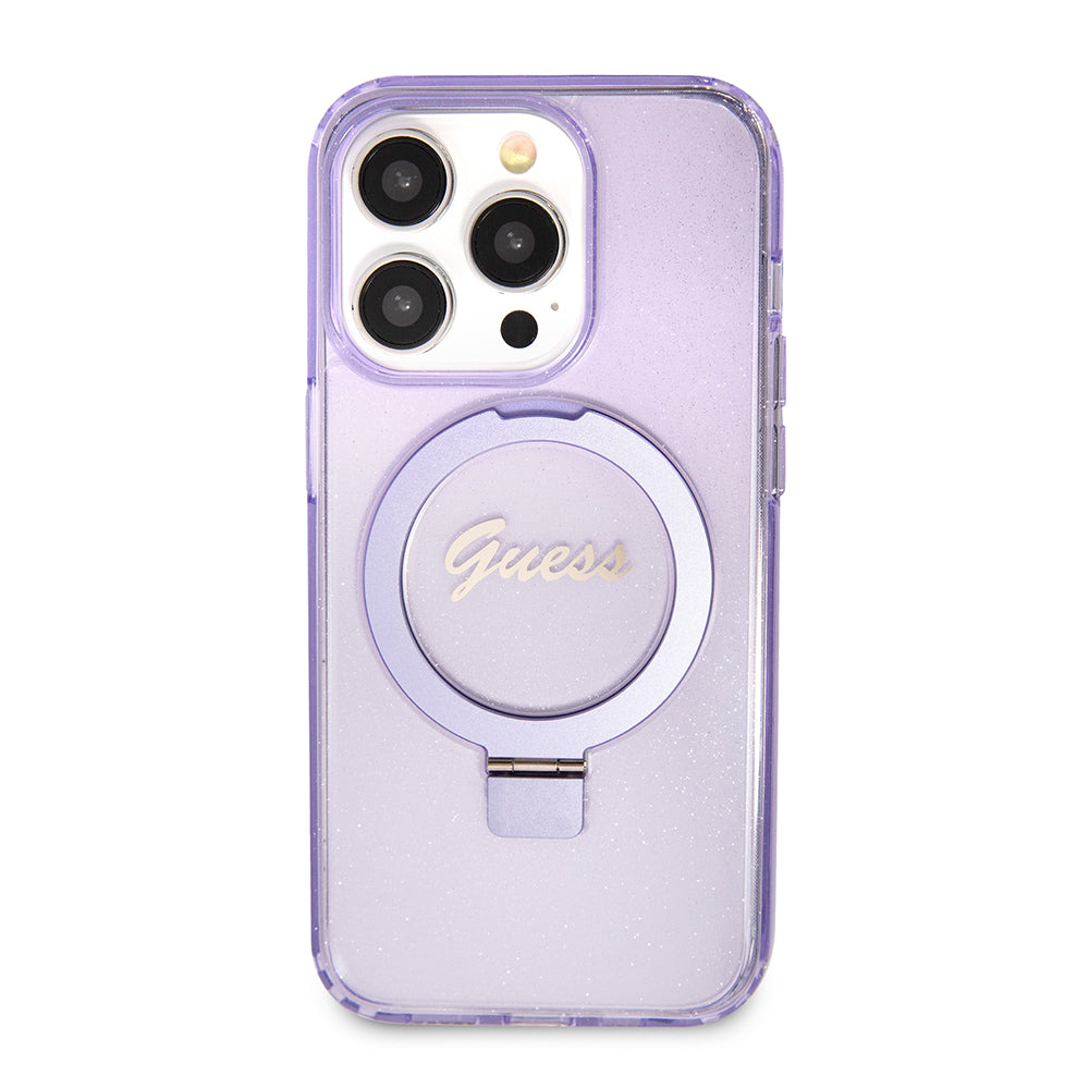 Ovitek MagSafe za Apple iPhone 15 Pro, Guess, IML Ring Stand Glitter, Vijolična