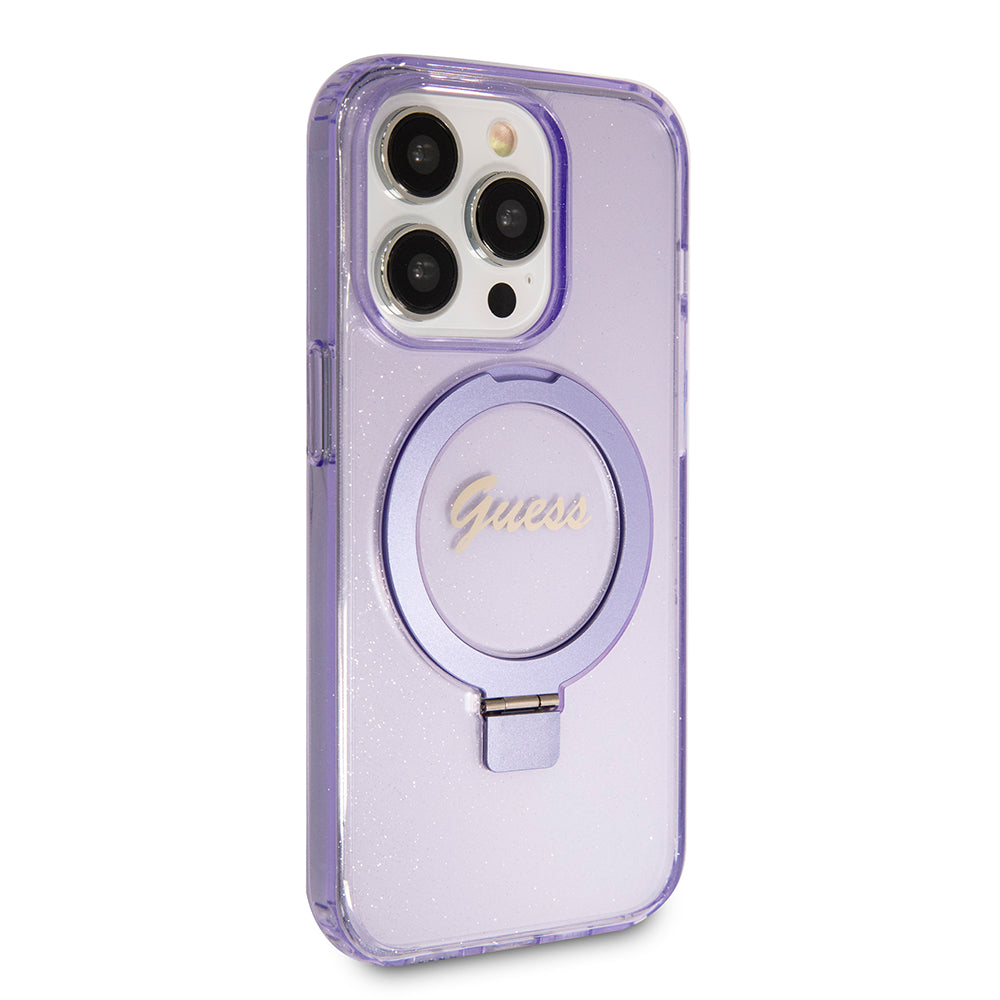 Ovitek MagSafe za Apple iPhone 15 Pro, Guess, IML Ring Stand Glitter, Vijolična