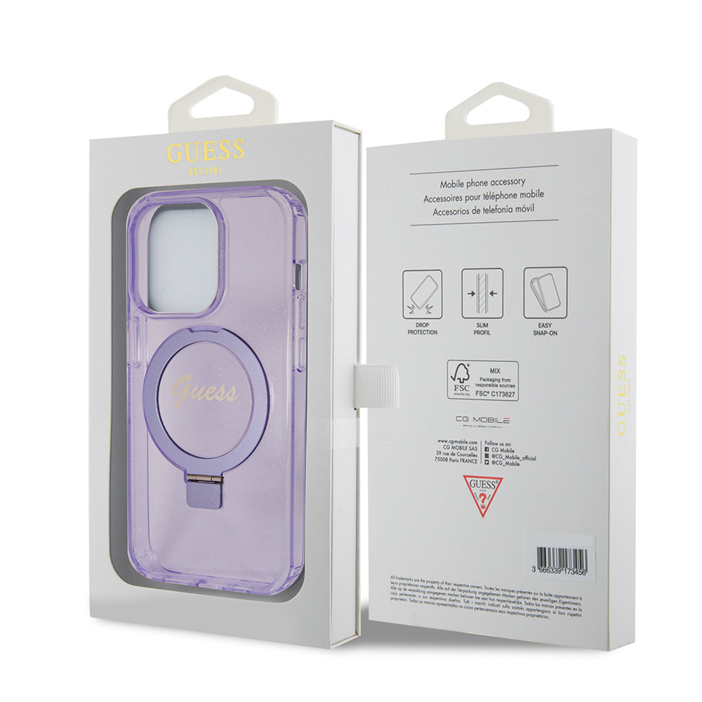 Ovitek MagSafe za Apple iPhone 15 Pro, Guess, IML Ring Stand Glitter, Vijolična