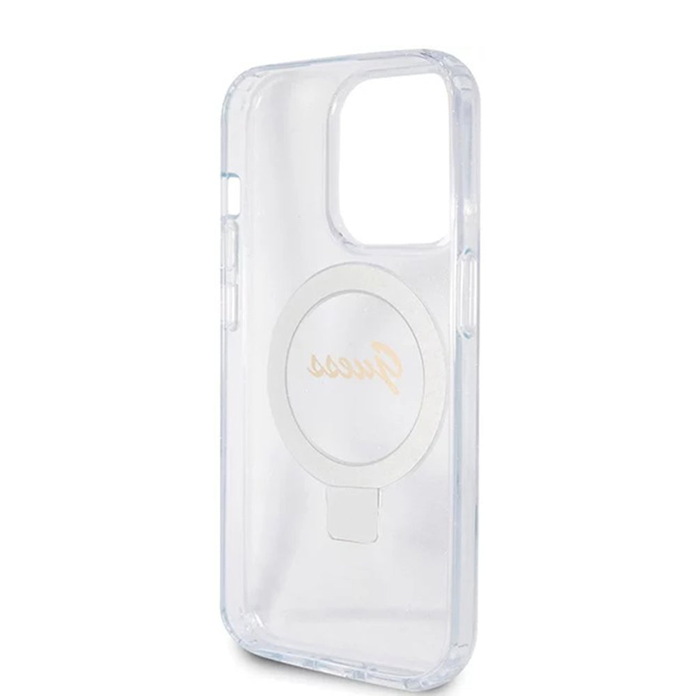 Ovitek MagSafe za Apple iPhone 15 Pro, Guess, IML Ring Stand Glitter, Prozoren